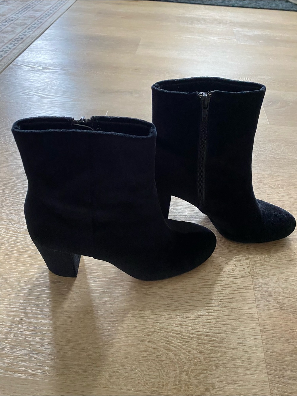 Black Suede Ankle Booties with Block Heel - Women's